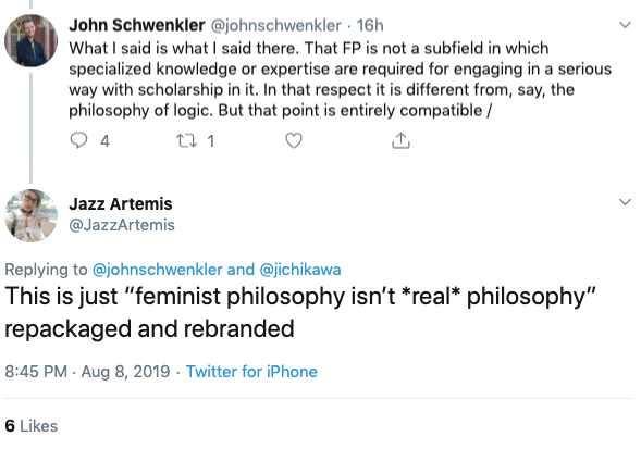 Some people challenged Dr. Schwenkler on his dismissal of the importance of feminist expertise on the thread yesterday. These are good challenges.