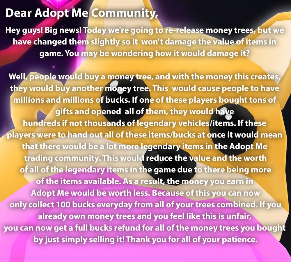 Bethink On Twitter Hey Guys So This Is Some Info About The Money Trees We Re Re Releasing Today We Ve Changed How They Work A Lil Bit Newfissy Roblox Robloxdev Https T Co 3rj7vtynoe - roblox adopt me cash out