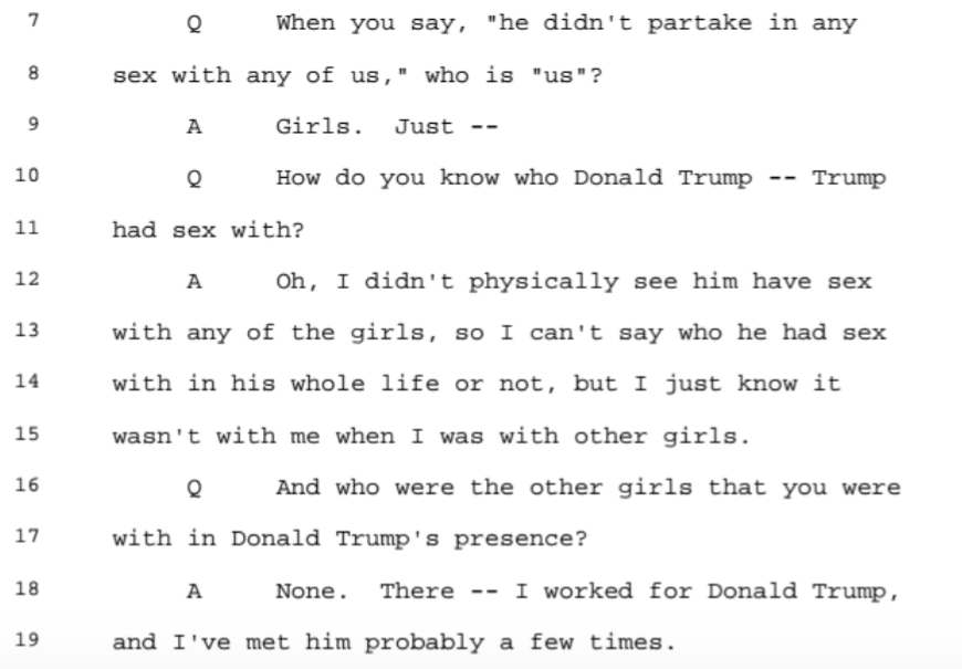 On Trump she says she never witnessed him having sex with any of Epstein's girls and she disputes that he flirted with her.