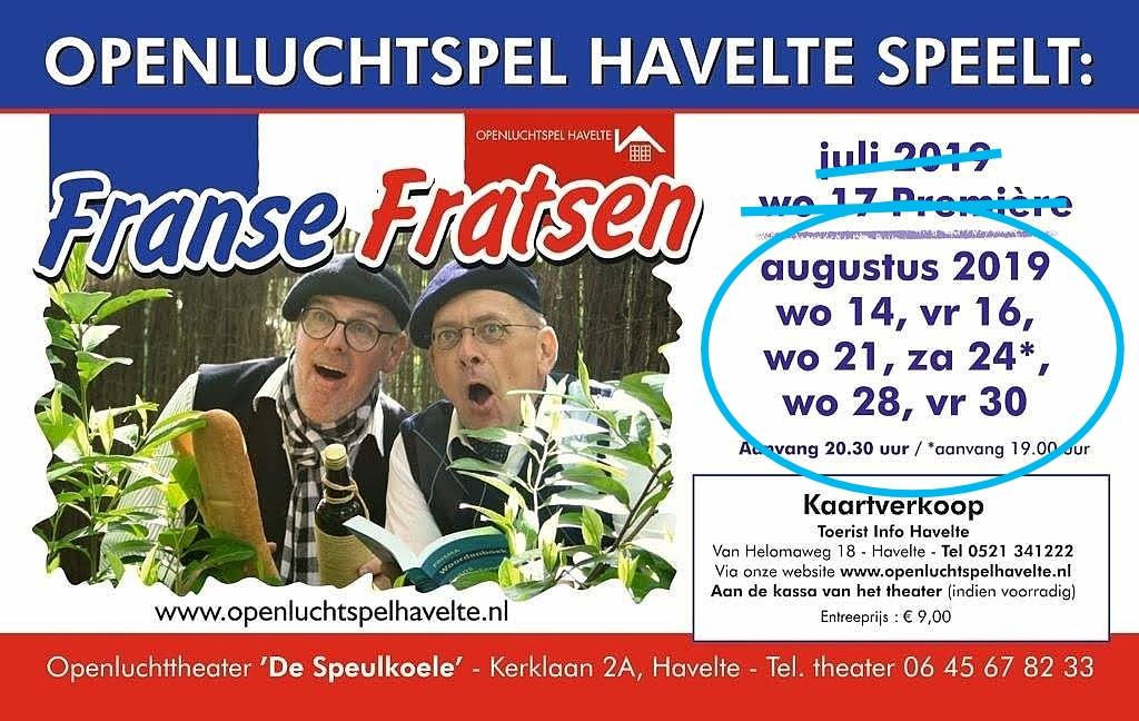Over een paar dagen beginnen we weer met "Franse Fratsen". Komende week spelen we op woensdag 14 en vrijdag 16 augustus. 

Nog kaarten bestellen voor deze of één van de andere voorstellingen? Dat kan snel via onderstaande link.

openluchtspelhavelte.nl/index.php/kaar…