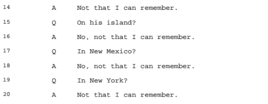 On Trump she says she never witnessed him having sex with any of Epstein's girls and she disputes that he flirted with her.