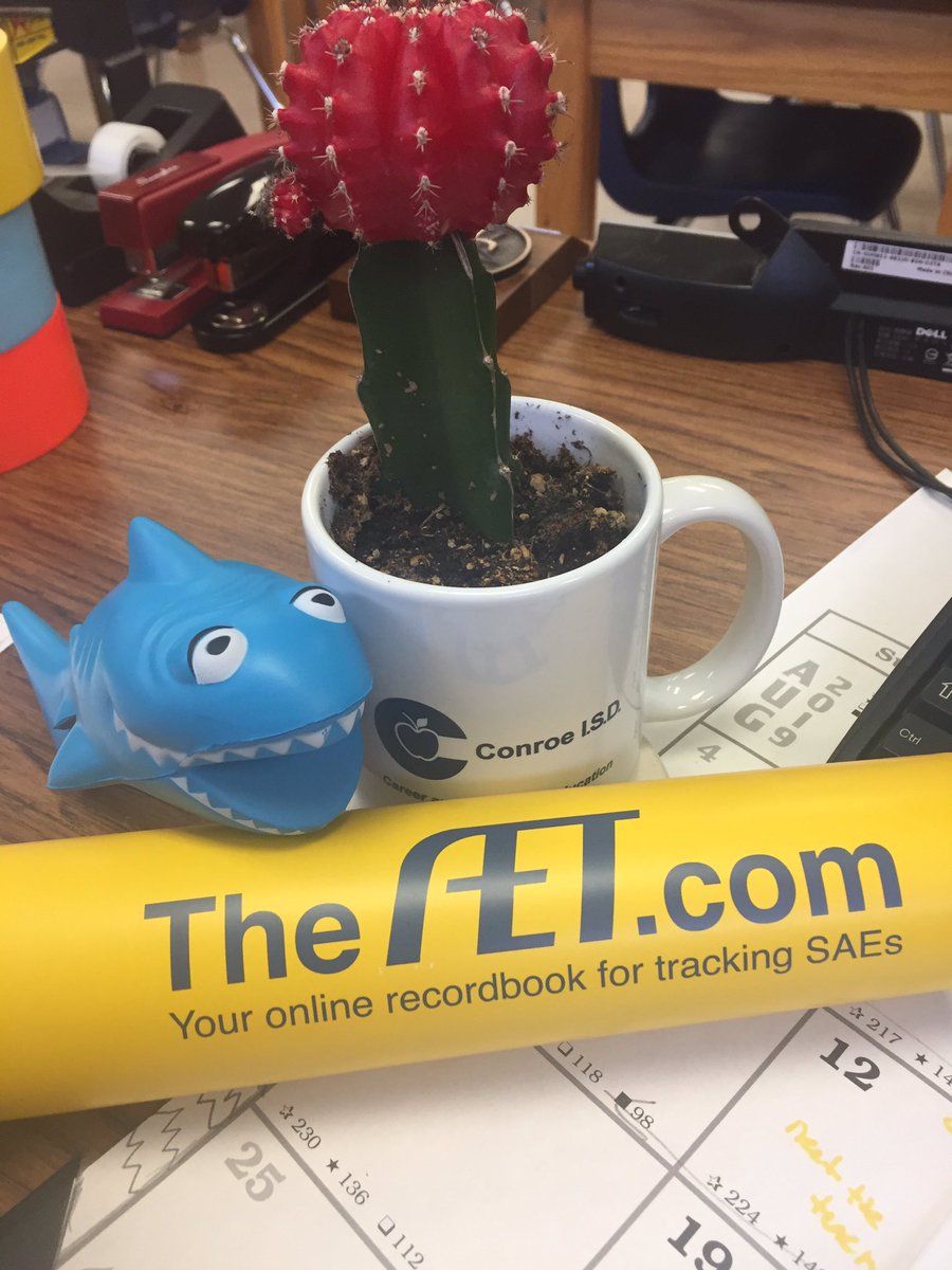 Grissom_ag's tweet photo. Bruce the Shark is attempting to learn all he knows about SAEs and record books. He also really likes my cactus in my mug๐ค๐. #FFAlife #TiredShark @CTEConroe https://t.co/zYiDtPhKym