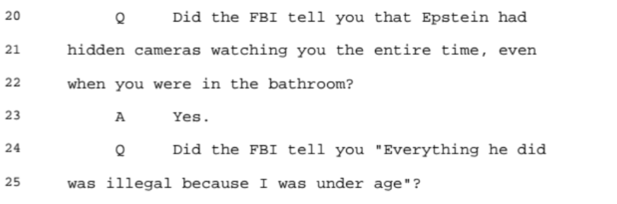 FBI informed Giuffre that Epstein had hidden cameras everywhere watching her, including the bathroom.