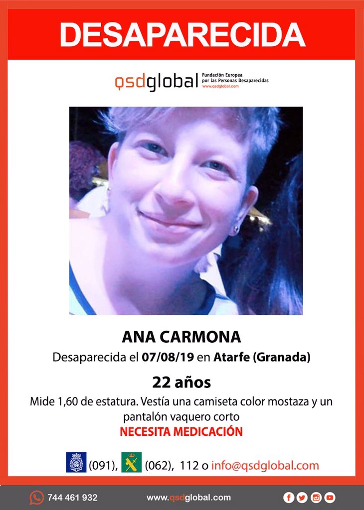 guardiacivil's tweet photo. 🆘#URGENTE ⚠️
Ana tiene 22 años, necesita medicación y ha #desaparecido en #Atarfe #Granafa. Si la ves llama: 
☎#062
☎091
☎112
#Colabora, tu RT no cuesta nada y puede ayudar a localizarla. https://t.co/sCZxqAAKbU