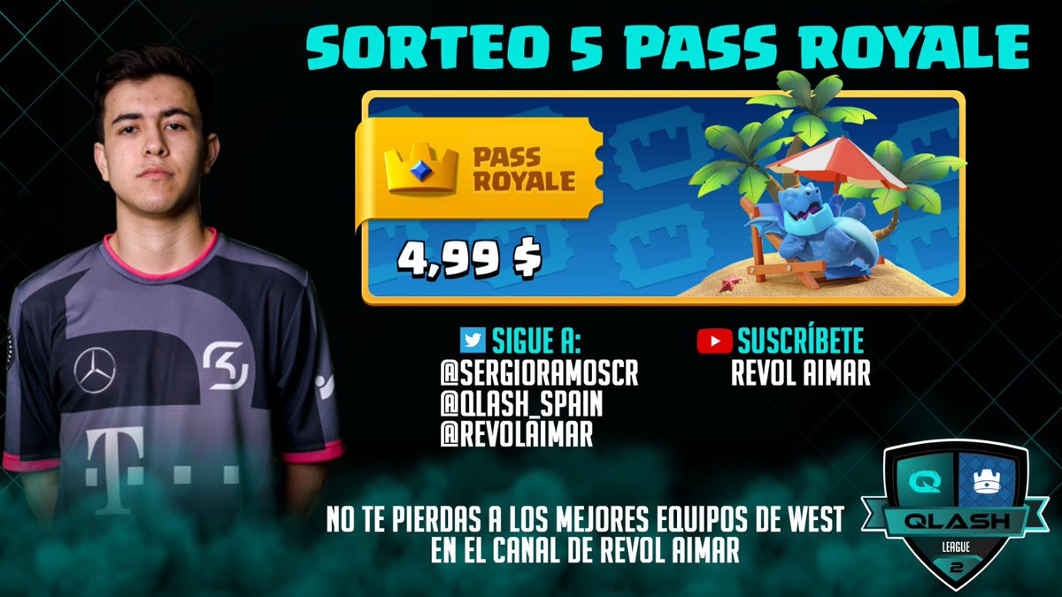 💰SORTEO DE 5 PASS ROYALE💰

📌Requisitos
👉Dar RT🔁 
👉Seguir : <a href="/QLASH_Spain/">QLASH España 🐉</a> @ReVoLAimaR
<a href="/SergioRamosCR/">CODE: SERGIORAMOS</a> 
👉Suscripción al canal de RevolAimar para seguir toda la competición de la #QLASHLEAGUE2 

📺youtube.com/c/RevolAimar/

Mucha suerte a tod@s! 😊