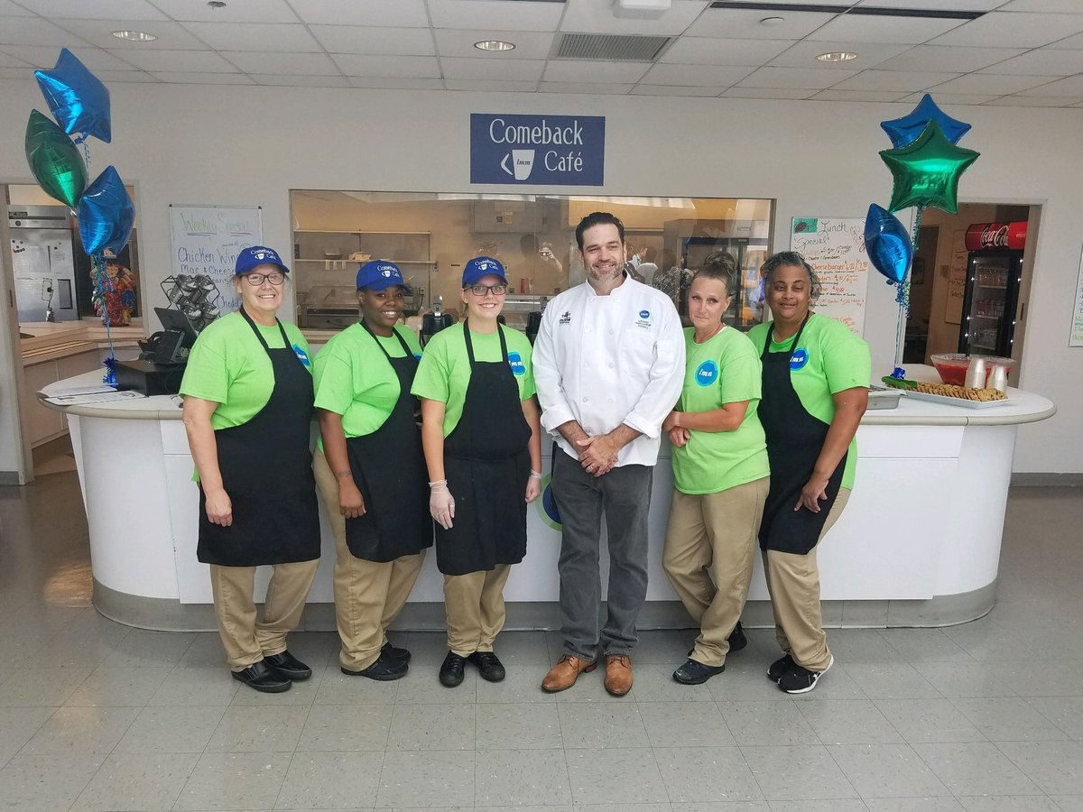 LMMCleveland's tweet photo. Today is the Grand Re-Opening of the Comeback Cafe at the @cjfsoutreach Virgil E. Brown building. LMM's Chopping for Change culinary students from @DRCOhio run the cafe &amp; serve 700 employees! Renovations are complete and we're ready to rock! #ERWnow #LMM50 https://t.co/KZgpNuVQyR