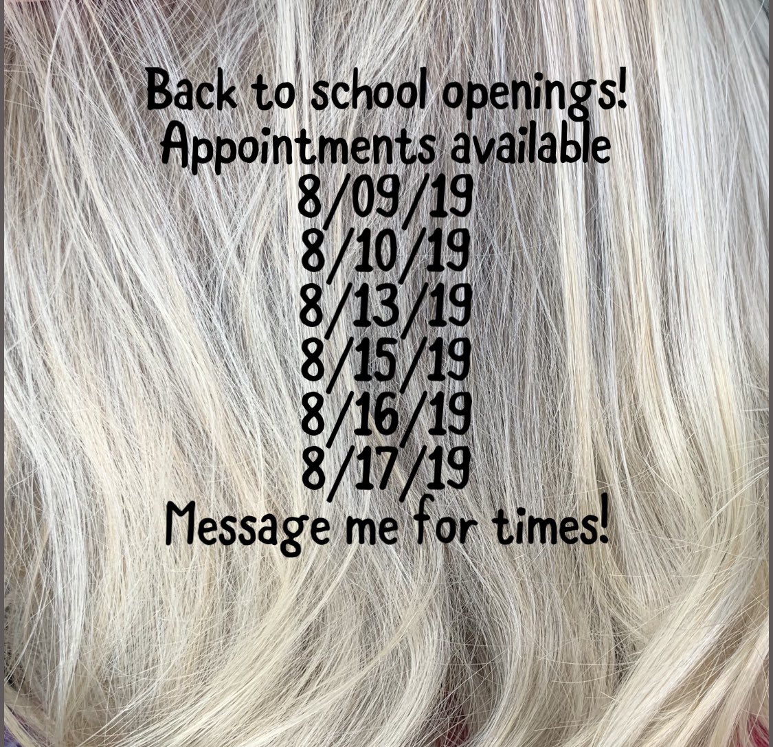 jwright386's tweet image. BACK TO SCHOOL OPENINGS✂️📚

• 20$ haircut and style for all students!
• 15% off all colors for students!

If you schedule your appointment today you’ll get a free deep conditioning treatment with any service and a free haircut with any color service! Message me for all times!