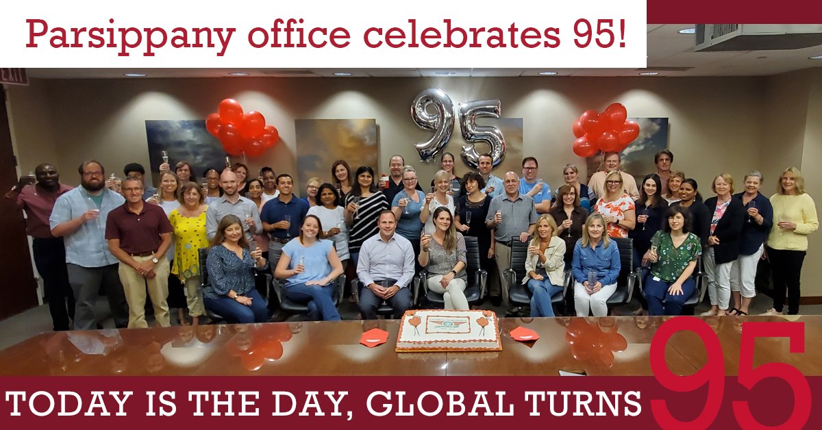 GlobalAerospace's tweet photo. August 9, 2019 - Cheers from our US Home Office in Parsippany! Here's to 95 years of serving the aviation community! #95years #aviation #aerospace #insurance https://t.co/RHIFrDeR1V