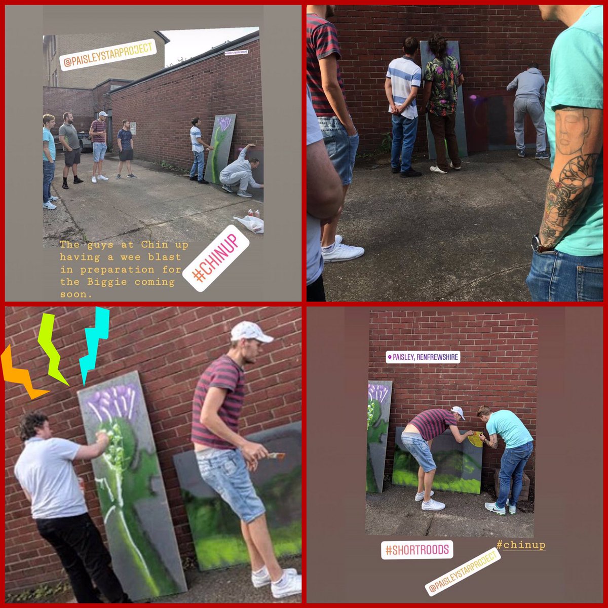 STARprojPaisley's tweet photo. Our local #ChinUp guys practicing for their community mural in #Shortroods with Artist Pete Stewart 🤩 Using creativity to tackle the stigma of male #MentalHealth & improving their community 🙌 https://t.co/fzlCFZLmIm