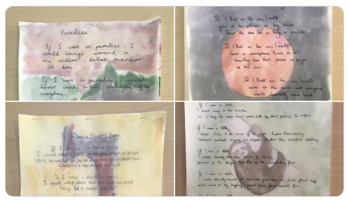 TeachingIdeas's tweet photo. Here's a lovely way of presenting children's poetry... Write the poem onto the tracing paper and lay that over watercolour paintings!

Thanks to Mr Fossard for sharing this - https://t.co/aGHDY5qFTr https://t.co/p6OAqL64cK