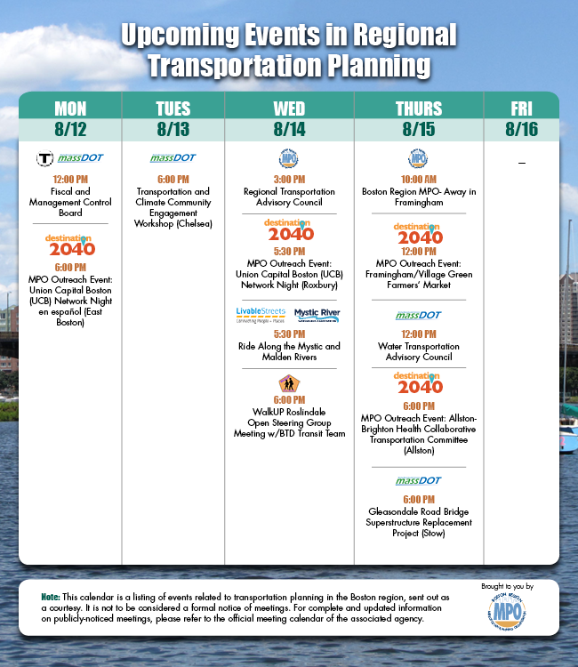 BostonRegionMPO's tweet photo. Next week the MPO will meet in @Framingham_MA, staff will solicit feedback on #Destination2040 at two @UCBoston network nights, #Framingham Farmers' Market, #Allston Brighton Health Collaborative Transpo Committee, and more...
@StreetsBoston @walkuprozzie @MysticMyRWA https://t.co/CR7w3KFTtE