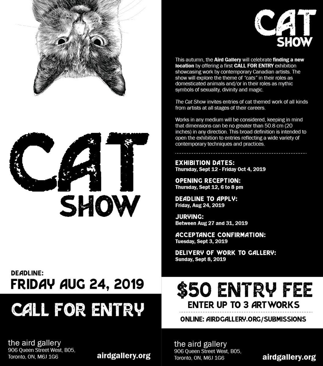AirdGallery's tweet photo. We’ve found our new home! We are now located in the heart of the art and design district of Queen St. West -Artscape West Queen West, 906 Queen St. W, B05. To celebrate, our first show is a juried exhibition showcasing work by contemporary Canadian Artists - The Cat Show. https://t.co/egnfQNgj0w