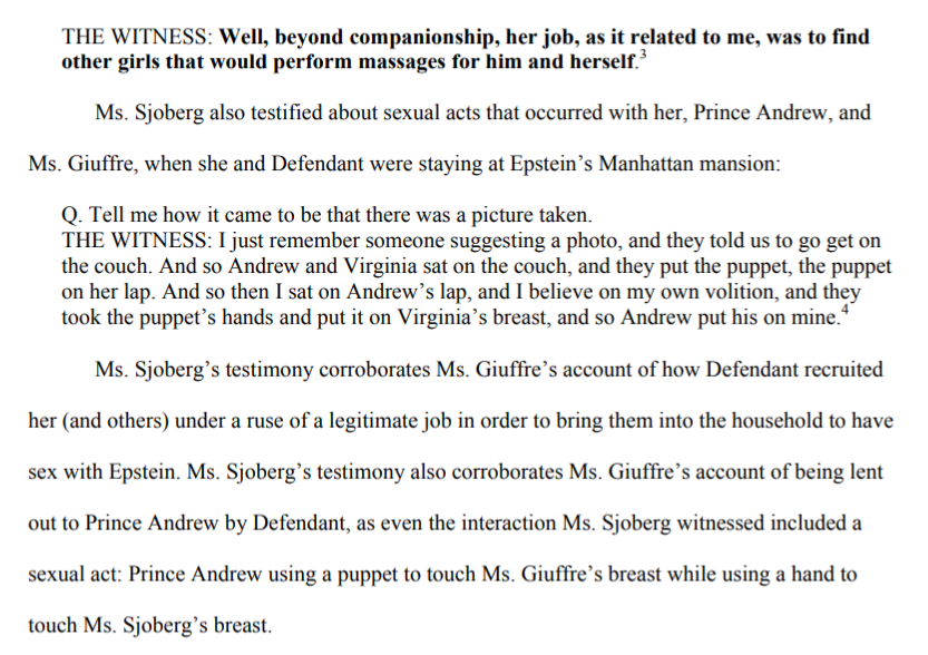 Later the witness explains that she witnessed and partook in sexual acts with Giuffre and Prince Andrew.