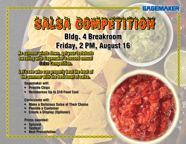 gagemaker's tweet photo. What heatwave? Next Friday (8/16) at 2pm is Gagemaker's 2nd Annual Employee Salsa Competition🏆 and that's when the real heat starts . No need for dancing shoes, just chips... and maybe some milk! Last year we had some spice! 🥳❤️🔥🌶️ https://t.co/6GKAuw5EuQ