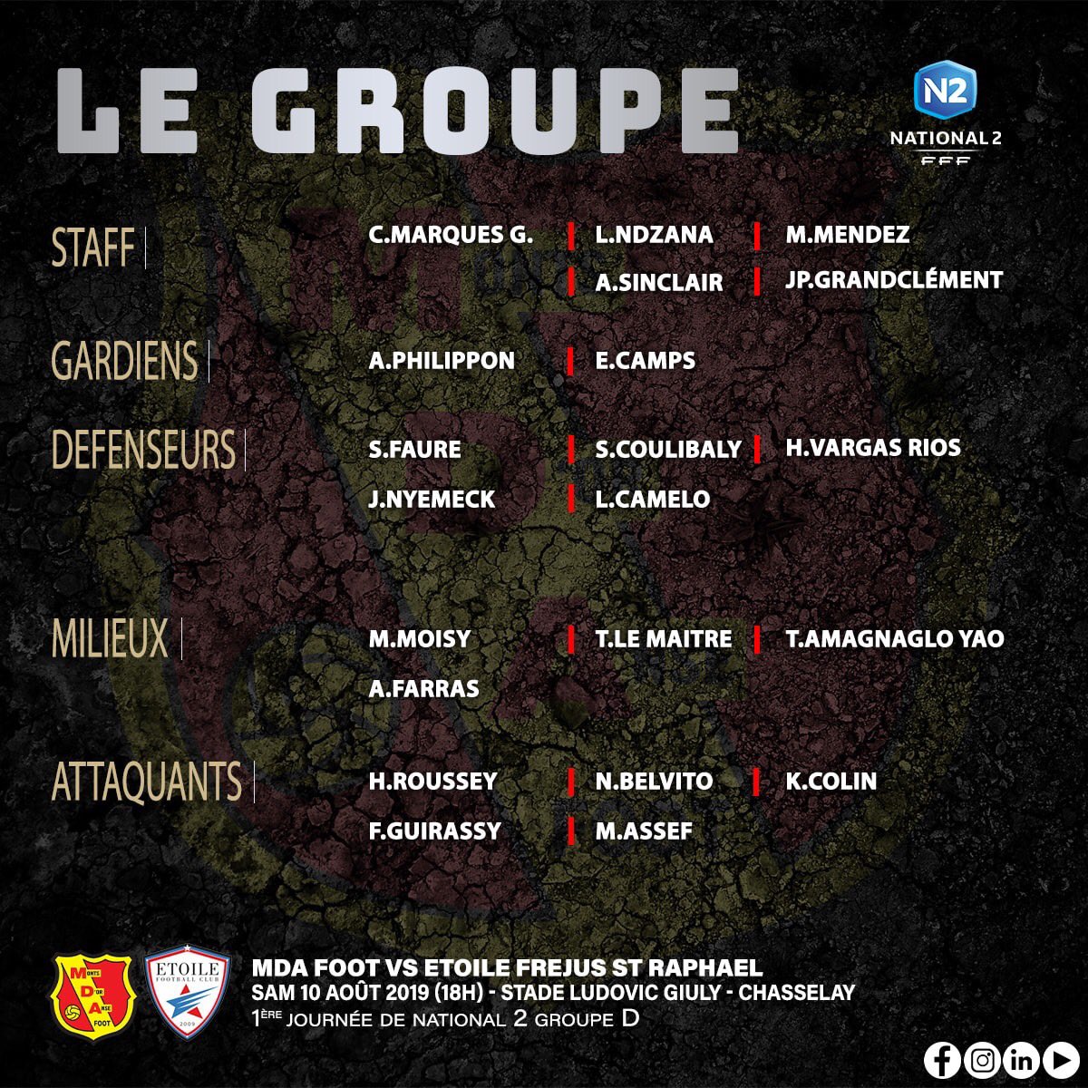 GOAL__FC's tweet photo. 👊🔴 Voici le 1er groupe de Cris et son staff pour la 1ere journée!
🏟⚽️🔥 Rendez vous demain à 18h pour le coup d'envoi de la saison de National 2 🏁 https://t.co/DJETAVeano