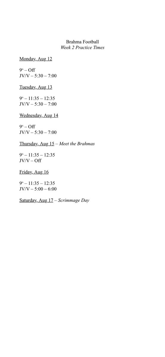 fb_ilb's tweet photo. Week 2 practice times!! https://t.co/sNfYV5Y5OE