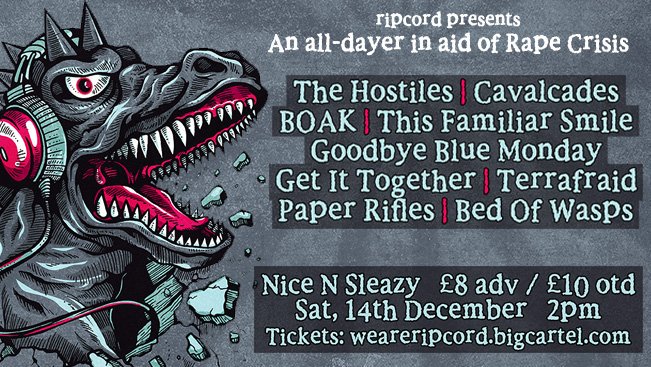 weareripcord's tweet photo. ALL-DAYER GLASGOW w/ @Hostileska #Cavalcades #Boak @tfsloveyou @goodbye_blue @GetItTogetherUK @Terrafraid @PaperRifles #BedOfWasps FB event: https://t.co/A48ZNEW7um All monies to Rape Crisis. https://t.co/BGxMbAIclG