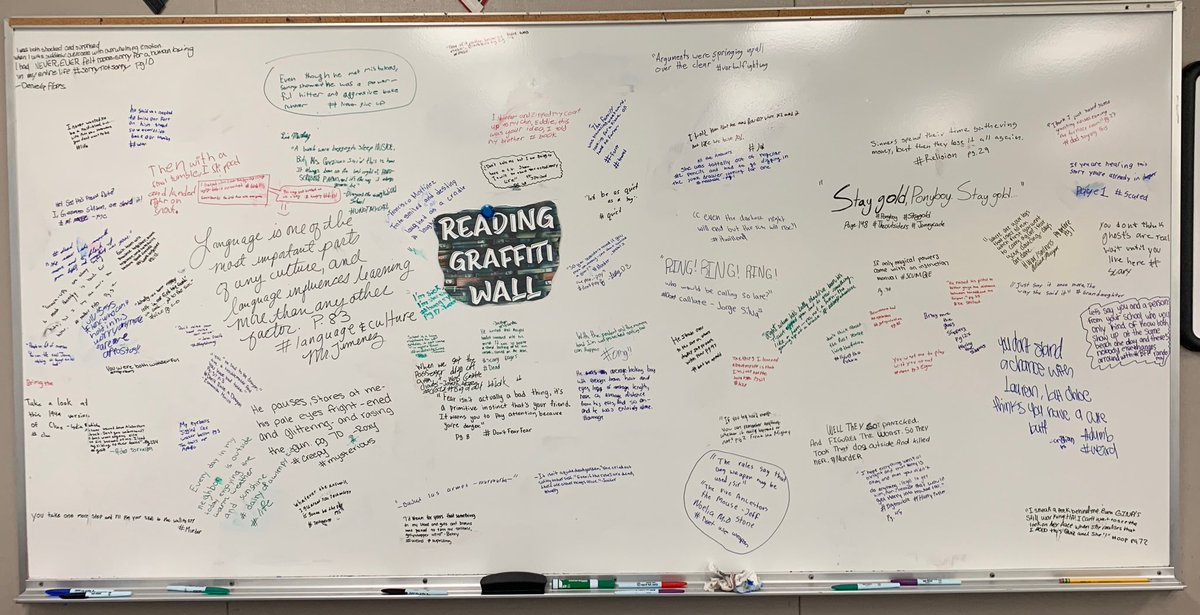 mrbluejay3's tweet photo. Created a Reading Graffiti Wall so that my students can share quotes from their readings and a related hashtag . One of my favorite ones from this week is, “Grownups are always saying too much technology is bad for kids, but I say the more the better.”#motherrules #WeAreLesd https://t.co/bhQ7gsjKUA