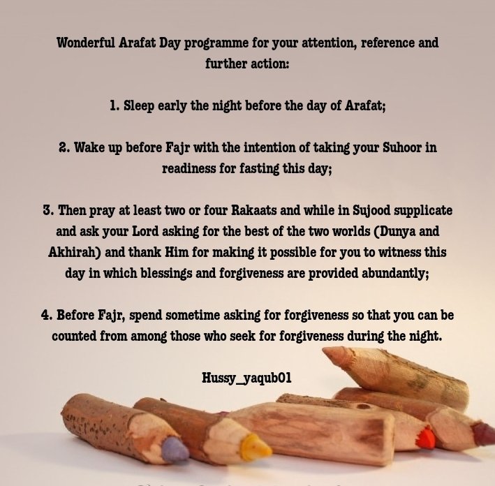 Hussy_yaqub01's tweet photo. BEAUTIFUL REMINDER
The day of Arafat is tomorrow.
May Allah spare our lives to witness this great celebration
May we be privileged to fast. And as we fast may we abstain from all bad habits/actions that are prohibited in Islam .may our ibadah be accepted #Arafat #putintopractice https://t.co/ixd8QL3HNb