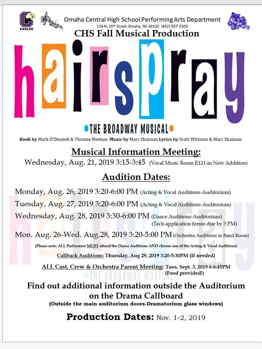 OnlineCallBoard's tweet photo. Here is the audition information for this year's production of Hairspray! We can't wait to see everyone there! https://t.co/ezs5O5FZUT