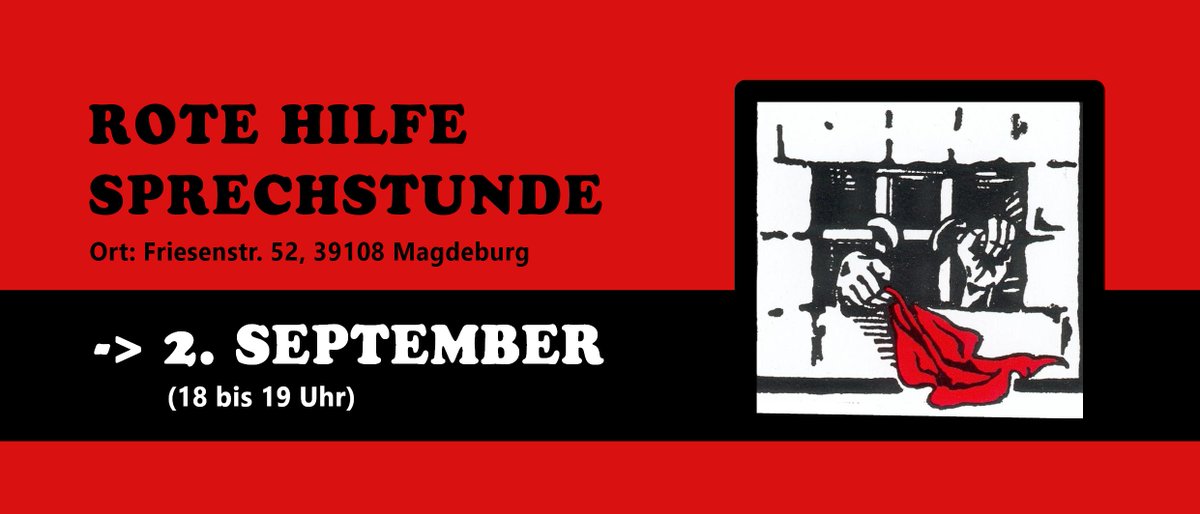 noimk2018's tweet photo. Nächste Sprechstunde der #RoteHilfe #Magdeburg:

2. September https://t.co/cDkbxuz23A