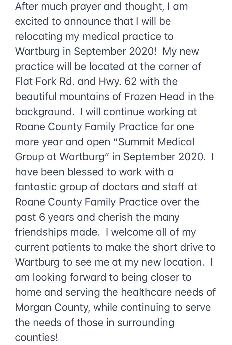 DocLaymance's tweet image. After much prayer and thought, I am excited to announce that I will be relocating my medical practice to Wartburg in September 2020!