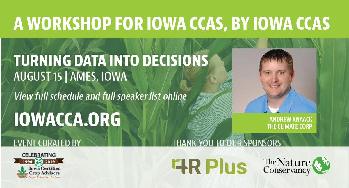 Andrew Knaack <a href="/a_knaack/">Andrew</a>, Field Product Specialist with @climatecorp works closely with farmers and dealers here in Iowa. Andrew is presenting at our Aug 15 workshop on using data for decision making. Don't miss out on these CEUs! More info at IowaCCA.org #TY <a href="/4RPlus/">4R Plus</a>