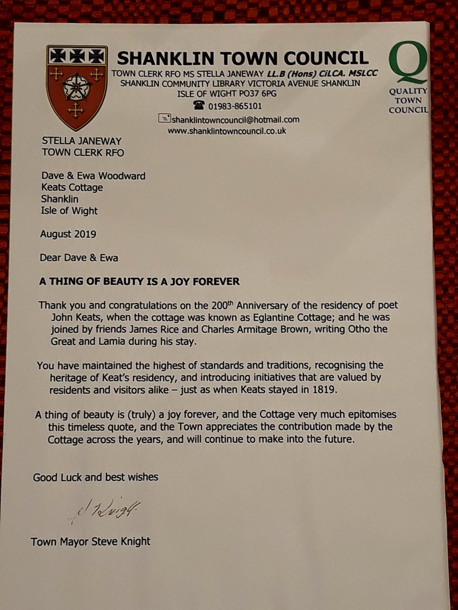 keatscottage's tweet photo. We are proud to be recognised by the Shanklin Town Mayor for maintaining the highest of standards on the 200th anniversary of John Keats' stay at our cottage #visitshanklin #visitisleofwight #keats #boutiqueaccommodation #shanklintowncouncil https://t.co/xkVVLVEfAl