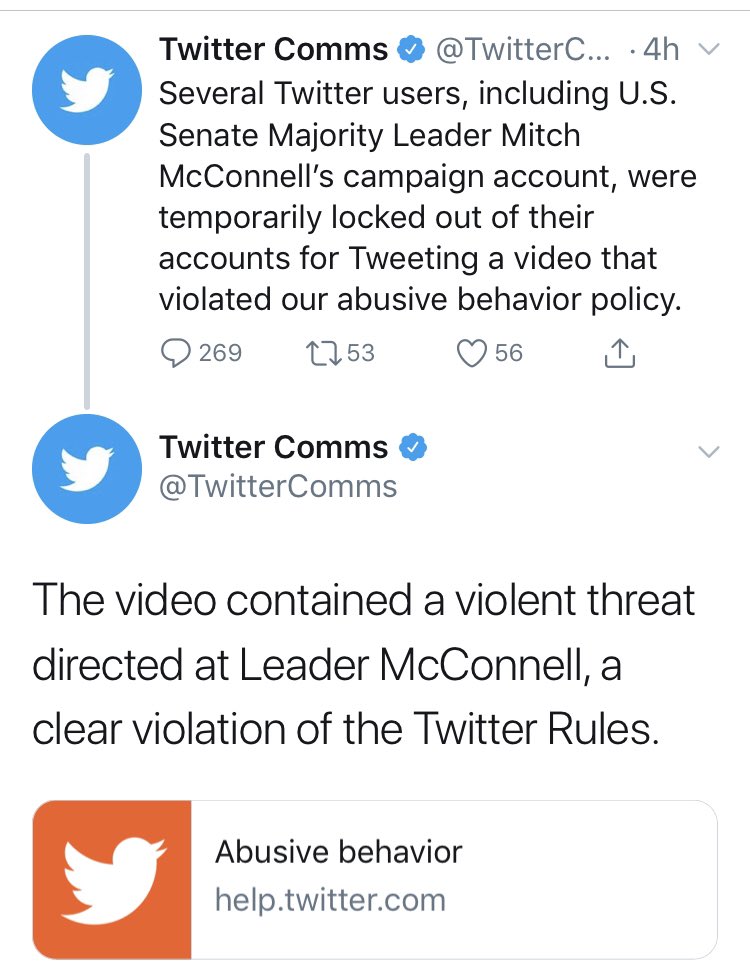 The gaslighters running Twitter are claiming today that  @Team_Mitch showcasing threats against  @senatemajldr is a "violent threat" violation. If true, then all videos by Journos showcasing Supremacists threats is a violation but Twitter does not treat such tweets this way.