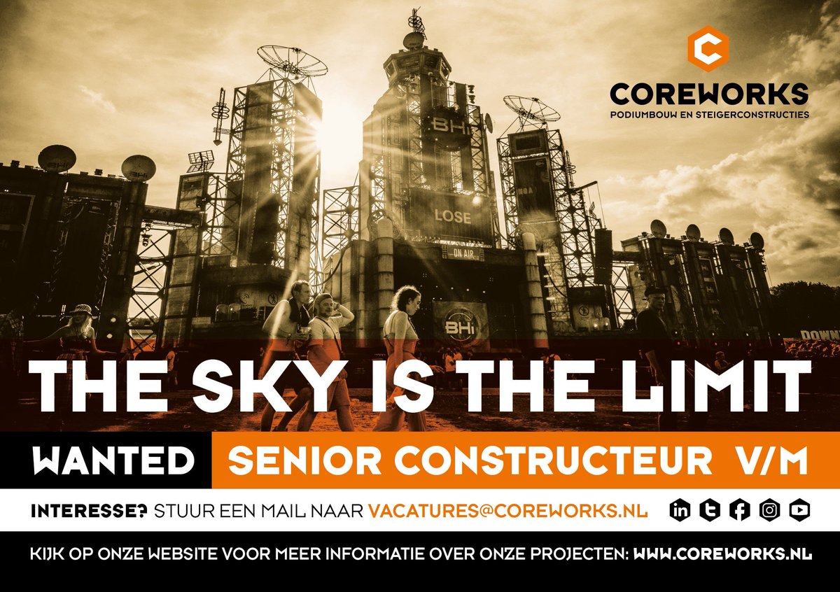 WANTED: SENIOR CONSTRUCTEUR v/m

Wij zijn per direct op zoek naar een senior constructeur ter versterking van ons team! Een unieke en interessante baan in de wereld van festivals en evenementen. Interesse? Check de vacature op onze website:

coreworks.nl/wanted-sr-cons…