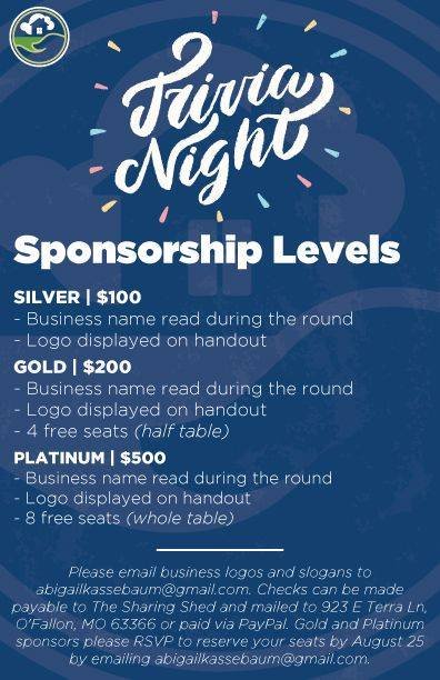 Our annual #Trivia night fundraiser is just around the corner, so don't miss you chance to donate to the shed by becoming one of our sponsors. Send logos &amp; slogans to abigailkassebaum@gmail.com.