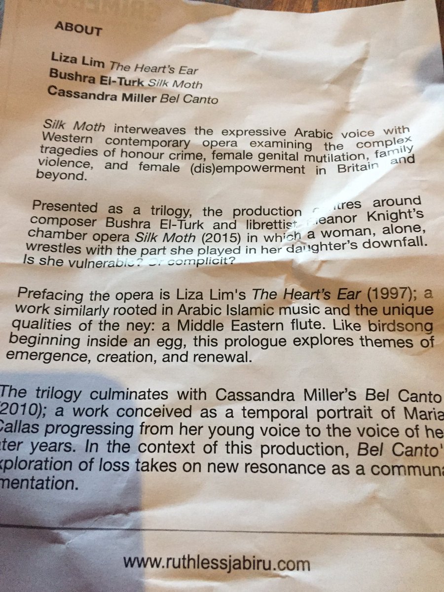 Curtain call after powerful Silk Moth #Grimeborn show. Cassandra Miller’s Bel Canto was a lament for all that went before. @CMaalawy super singer/actress, congrats @RuthlessJabiru @KellyLovelady