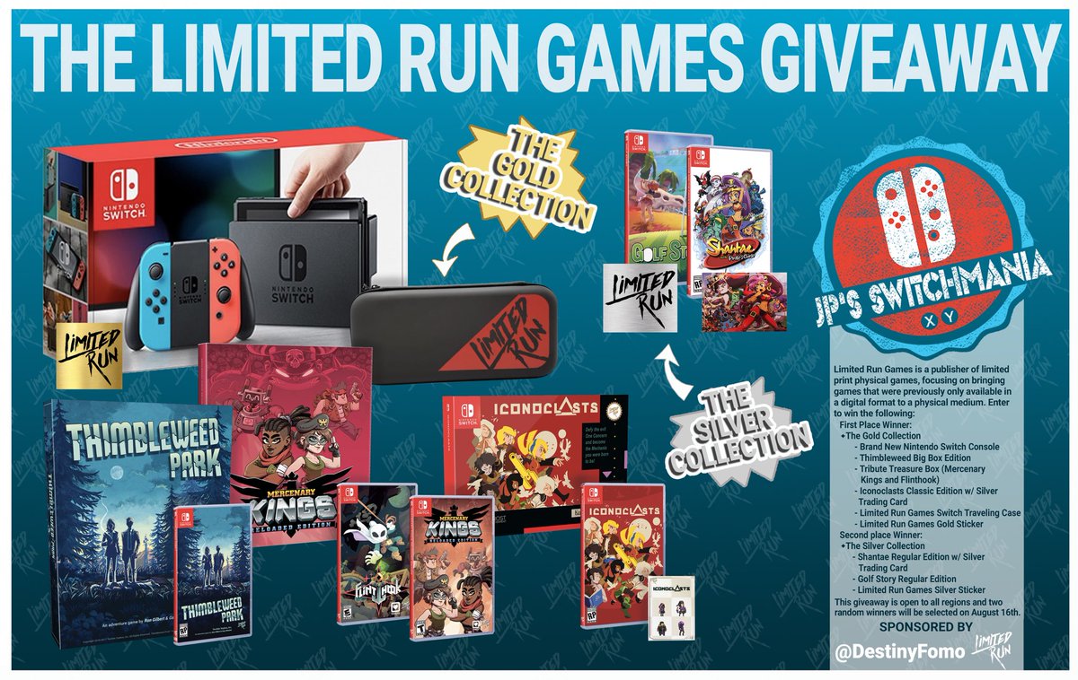 JPSWITCHMANIA's tweet image. 🔥 LIMITED RUN GIVEAWAY🔥 
Want to win the ULTIMATE #NintendoSwitch starter bundle?! This is your chance!

✅ Follow @JPSWITCHMANIA 
✅ Subscribe to @DestinyFomo: bit.ly/2YxVwal
✅ Follow @LimitedRunGames 
✅ Like &amp;amp; RT

Open to all and winners picked 8/16. 

#SwitchCorps