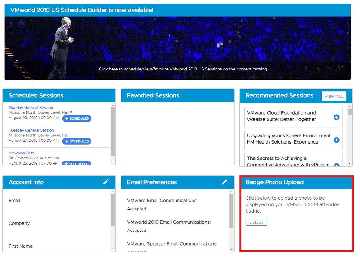 VMwareExplore's tweet image. We have a new feature on our #VMworld badge this year – add your photo! 📸

Simply log in to your My VMworld Dashboard to upload your desired headshot (we recommend your LinkedIn photo). You&apos;ll also earn a special gift at registration when you check in (while supplies last).