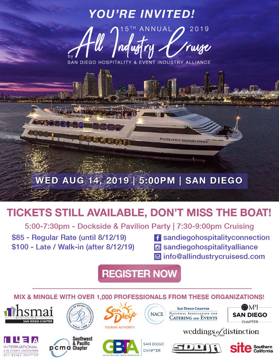 HSMAI_SD's tweet photo. Only 5 days away from the big event!
Make sure you register for San Diego’s All Industry Cruise at https://t.co/I2UQPUuhCc #hospitality #tourism #sandiego #socal https://t.co/VlaRJQbnwk