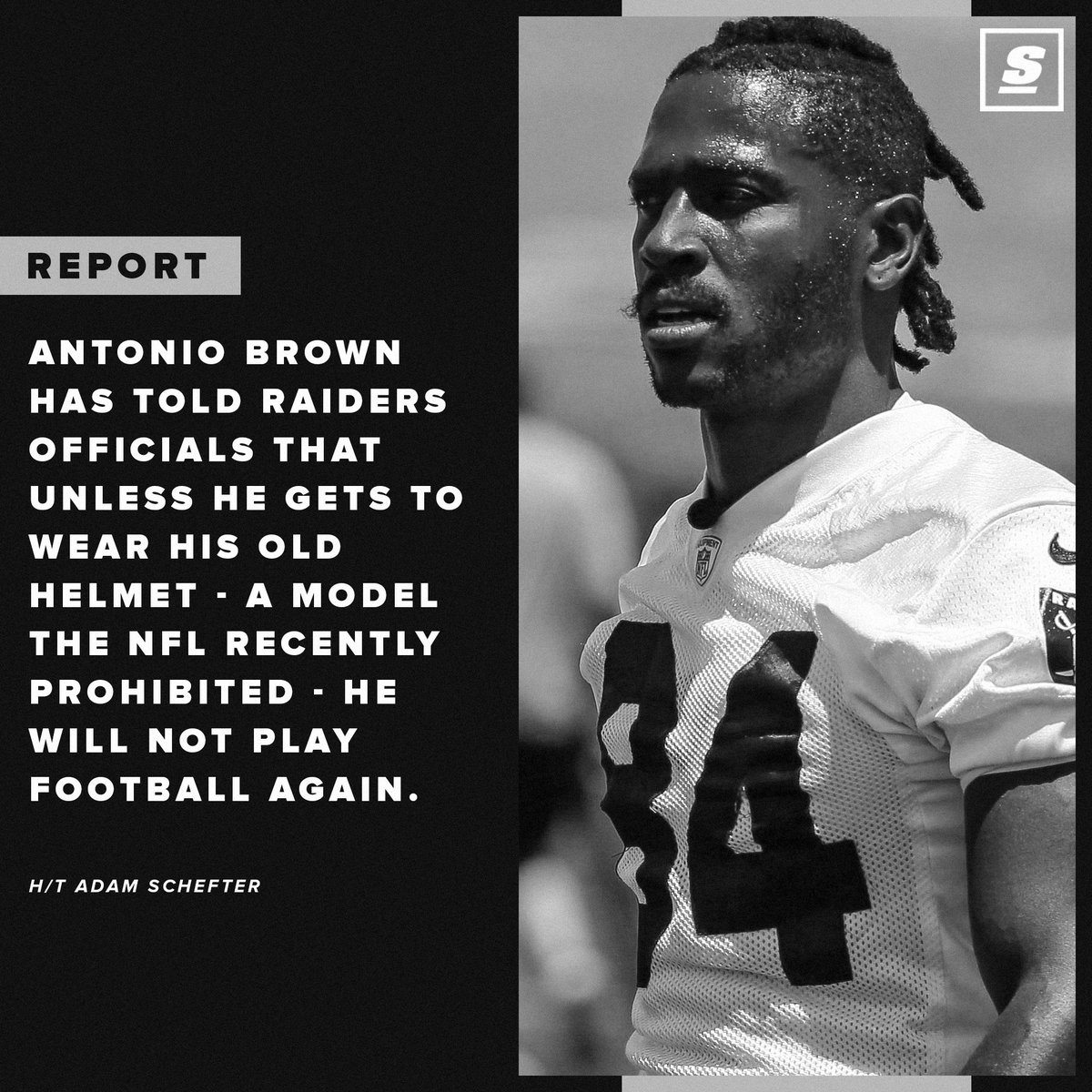 theScore's tweet photo. Antonio Brown is reportedly threatening to retire if he can't wear his old helmet. 👀 https://t.co/CnB7j8r4Ll