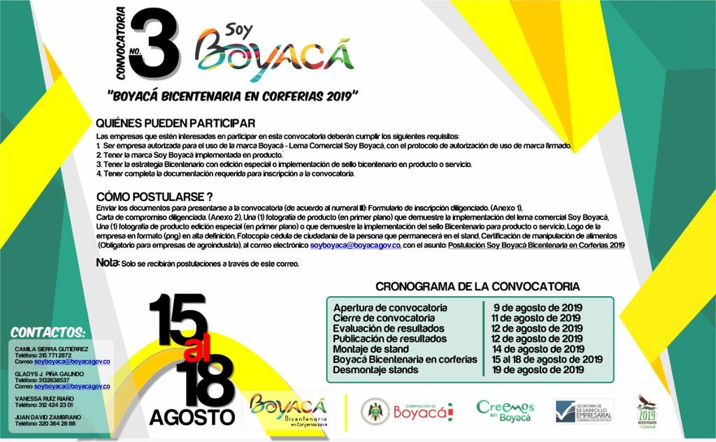 Soy_Boyaca's tweet photo. ATENCIÓN 📢 Si eres empresario #SoyBoyacá, te invitamos a participar en la
 convocatoria que te permitirá participar en #BoyacáBicentenariaEnCorferias, en @CorferiasBogota,  plazo de inscripción hasta el 11 de agosto.Más información👇 @ElianethGomez @CarlosAmayaR @BoyacaCorferias https://t.co/vXD9wSaWRV