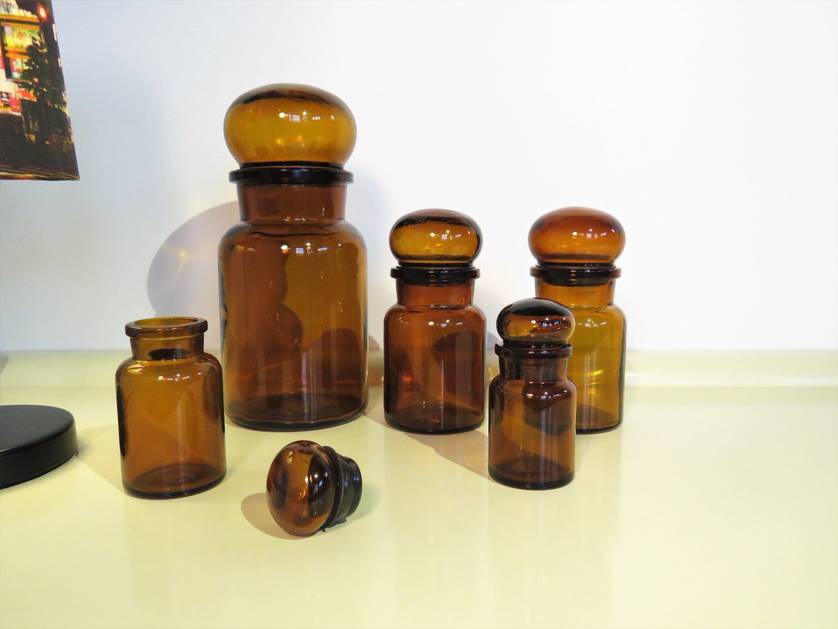 Vintage Amber Belgian Apothecary Jars, Ball Stoppers, Canister Set of Five For Kitchen, Pharmacy Bottles Collection, Made in Belgium 70s etsy.com/LaLanterne/lis… #christmas #fathersdaygift