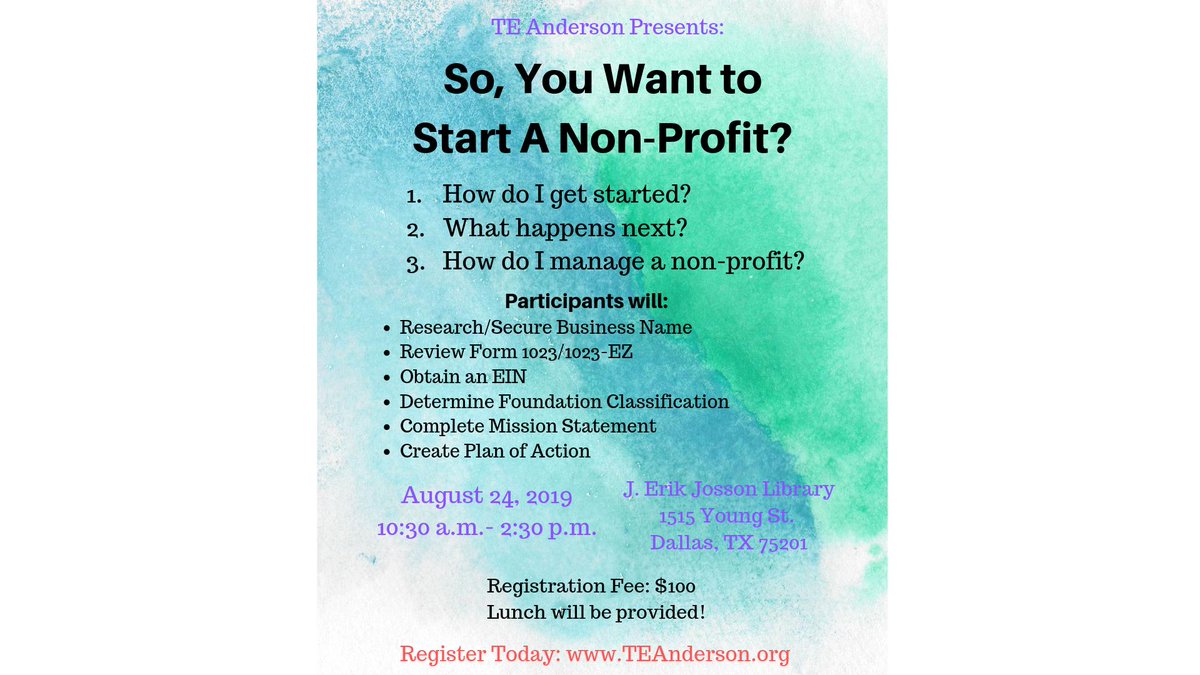 TEAndersonlife's tweet photo. Starting a Non-Profit isn't easy when you're working by yourself! Need help creating, developing, and securing your 501c3? Register today at #TEAnderson.org Space is limited! https://t.co/pzCmMZSPlx