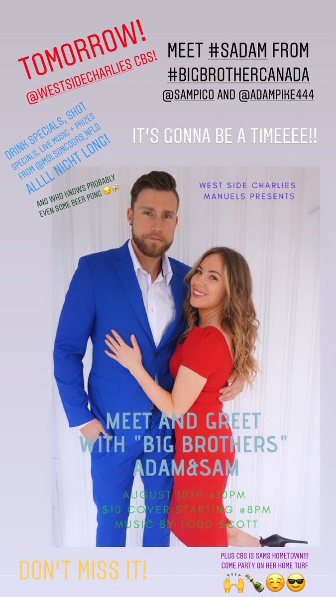 mwss246's tweet photo. Exciting event tomorrow at West Side Charlie’s CBS! It’s YOUR chance to meet #SADAM Samantha Picco and Adam Pike from #BigBrotherCanada 😊 It’s gonna be a timeee! Prizes from @MolsonCoors , live music, drink specials + more! Don’t miss it 😎🍻🍾🙌 #EventsNL https://t.co/WcM147iPdw