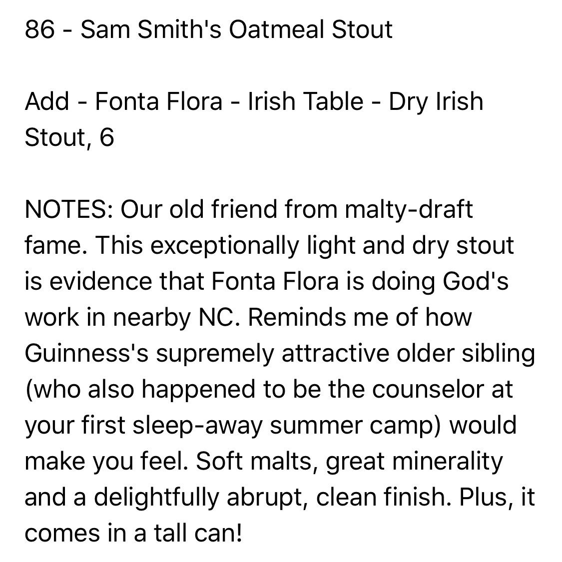 from the weekly staff beverage email: deuces Sammy, hello <a href="/FontaFloraBrew/">Fonta Flora Brewery</a>