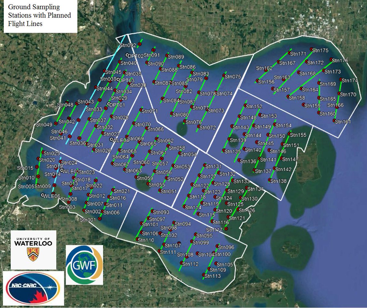 KianaZol's tweet photo. Here is a map of the flight line planning along with the locations of the water sampling stations, a view of the shoreline near Maumee Bay State Park from @NRC_CNRC aircraft window, and an RGB WISE image of the same area. https://t.co/EpUbBv7Xd1