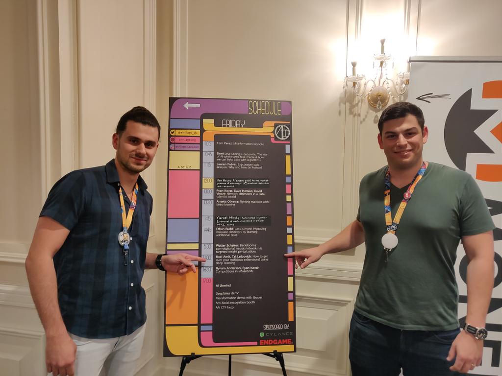ShimonNOren's tweet photo. Getting ready! Come watch @TalLeibo and @RoeiAmit1 talk about detecting malicious Chrome extensions using #deeplearning @ 4pm @aivillage_dc #defcon https://t.co/A2wKtPIJrj