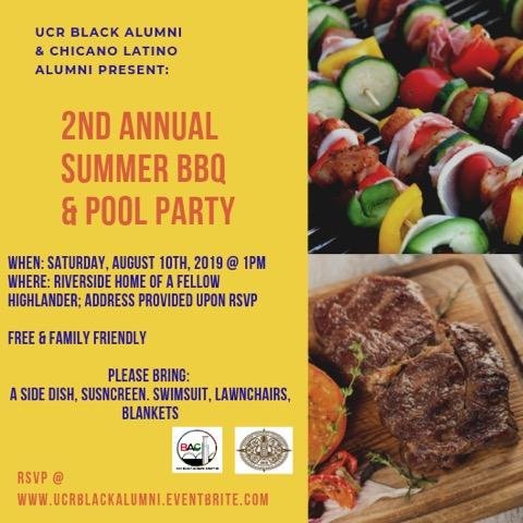 Tomorrow <a href="/UCRBlackAlum/">UCR Black Chapter</a> and <a href="/ucrcla/">UCR Chicano Latino Alumni</a> will come together for the Annual Summer BBQ &amp; Pool Party! See you there 🍔🌽🌭😋