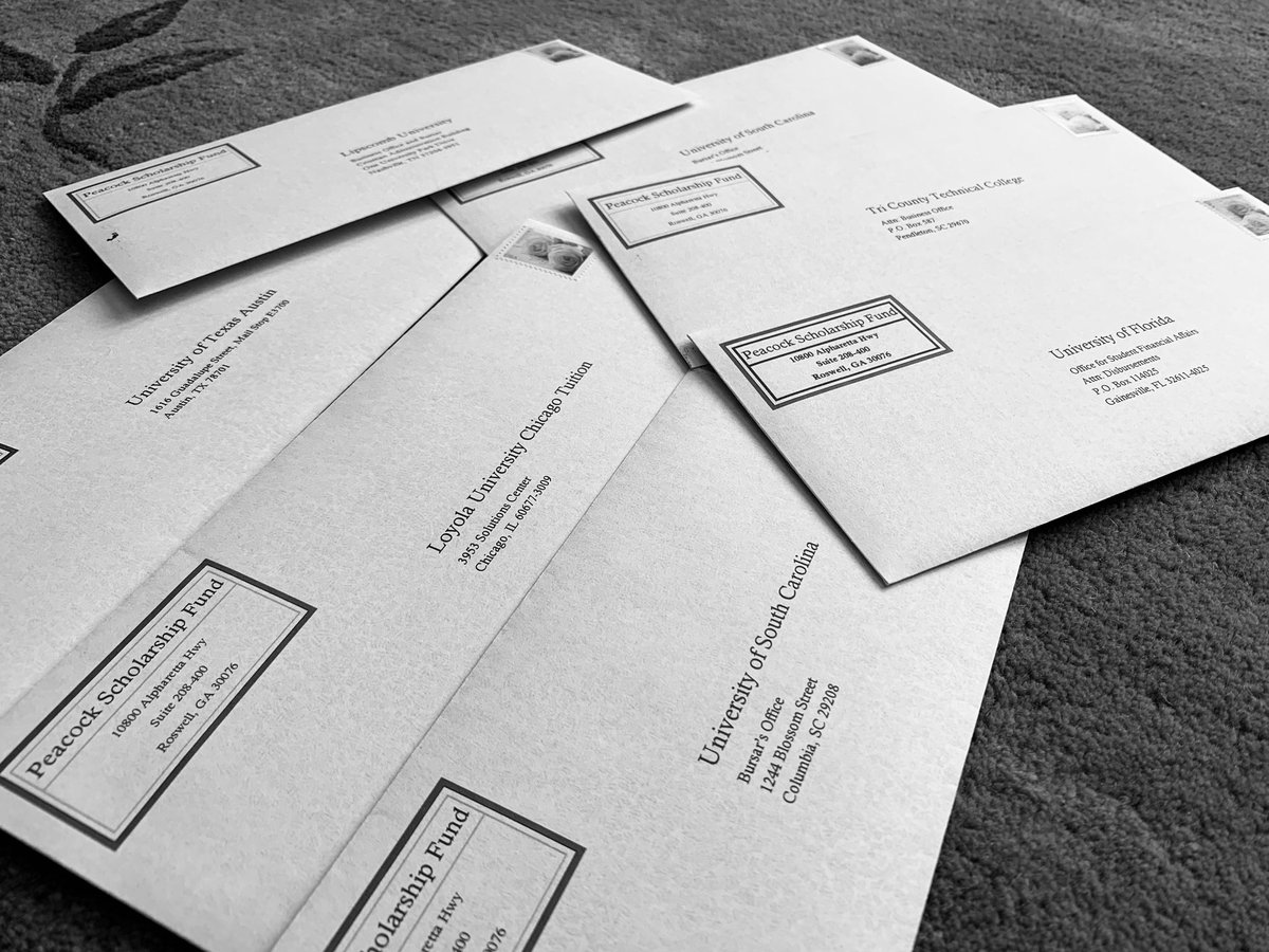 PeacockScholar's tweet photo. The @PeacockScholar scholarship checks are going out! 
https://t.co/h3d2rwICf7 

#peacockscholarship #college #education #Scholarships #givingback https://t.co/eZu46Ltg89