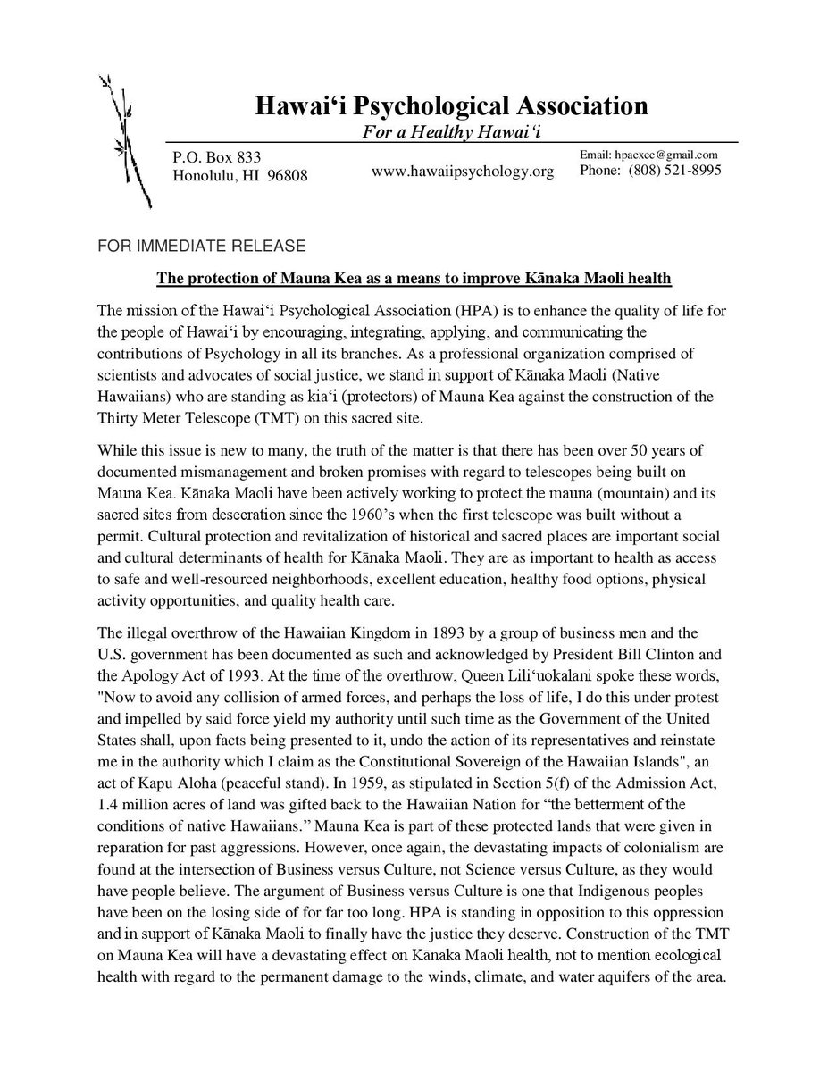 kuuwehi's tweet photo. The Hawaiʻi Psychological Association issues statement in support of kiaʻi on Mauna Kea https://t.co/f7T0xgQzLy