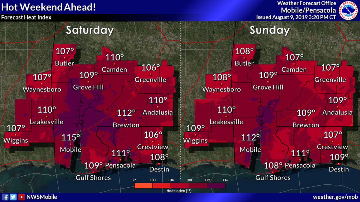 NWSMobile's tweet photo. 🔥🔥 Forecast: HOT!!! Temperatures top out in the mid-upper 90s this weekend with heat index soaring to 107°-112°F! Temperatures only fall into the upper 70s at night, so there will NOT be much relief from the heat.

⚠️⚠️ HEAT ADVISORY in effect thru Monday for the ENTIRE AREA! https://t.co/0tdKrkwOwF