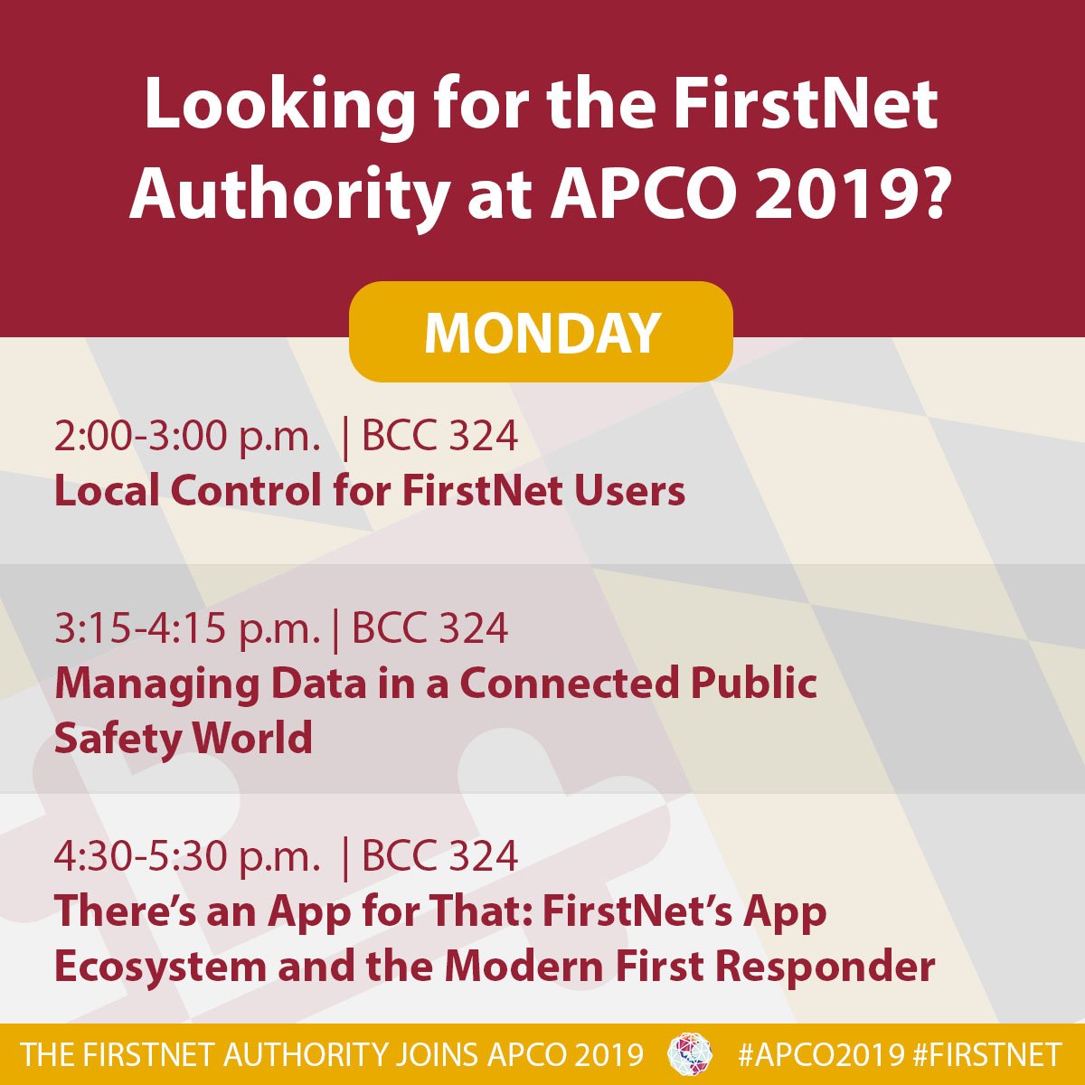 NEFireChiefs's tweet photo. It's Day 2 of #APCO2019! Join us in Room BCC 324 to learn about how to prioritize and manage #FirstNet users, how Emergency Communications Centers can implement data into operational plans, and the growing #FirstNet App Ecosystem. #FirstNetatAPCO https://t.co/1eLoUJy03M