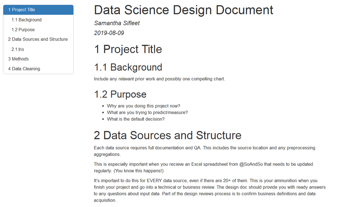 SamanthaSifleet's tweet image. I made a Data Science Design Document Template in Rmd to html.  This is a really important part of my process. Some of the junior data scientists I work with have struggled to write these. I thought I&apos;d share what I think a good one should look like.
bit.ly/2yMwiX4 1/4