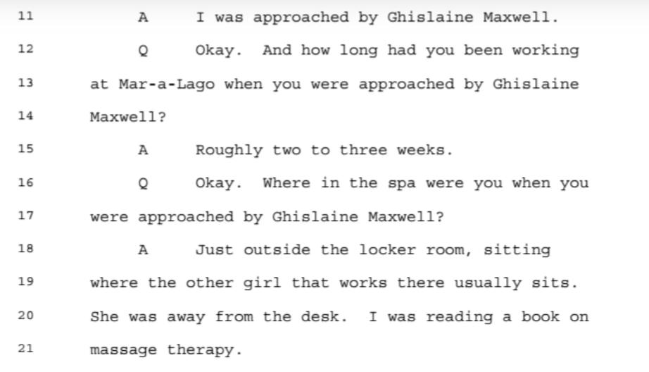 Giuffre now. Her father worked as a maintenance manager at Mar-a-Lago before she started ther herself. Maxwell didn't waste any time digging her claws into her. Just 2-3 week after she started working there, Ghislaine approached her.